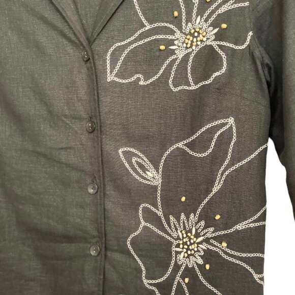 REQUIREMENTS Women's Linen Blend Black Beaded Button Blouse Medium Embroidery - Picture 8 of 13